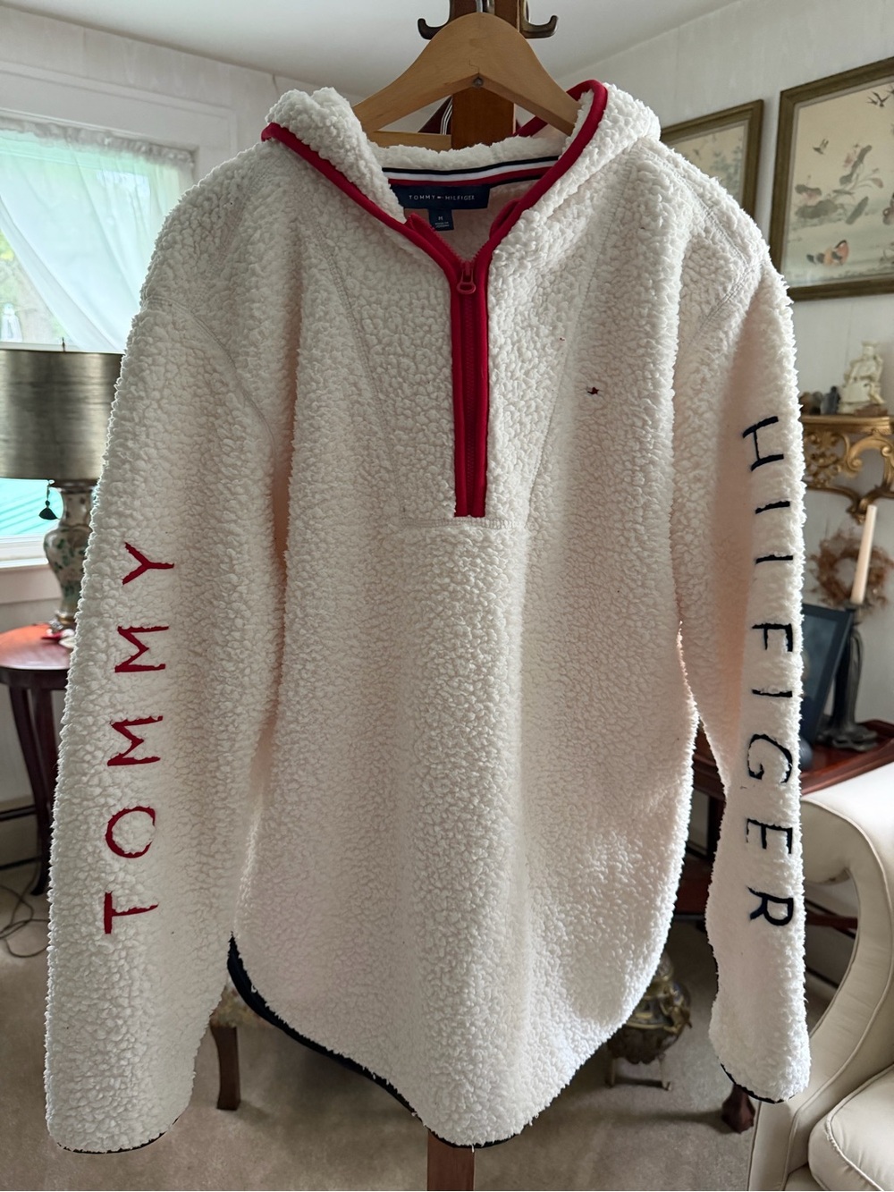 Tommy Hilfiger Cream Sherpa Half-Zip Hoodie with Red Trim and Logo Sleeves